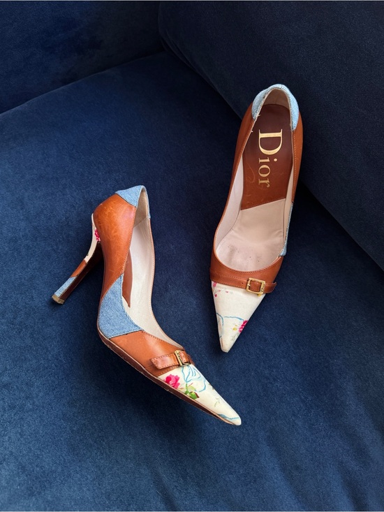Dior Shoes - Christian Dior denim and leather floral heels Size 36 1/2